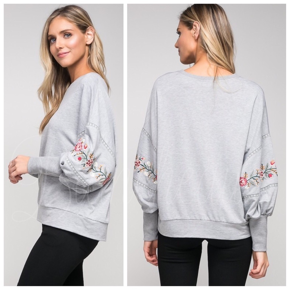 Heather grey floral embroidery sweater top - Picture 2 of 3
